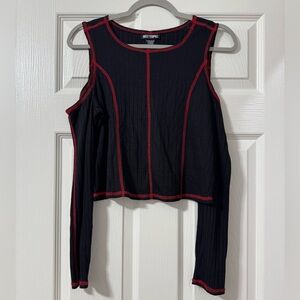 Hot Topic Black & Red Contrast Stitch Cold Shoulder Crop Long-Sleeve Top